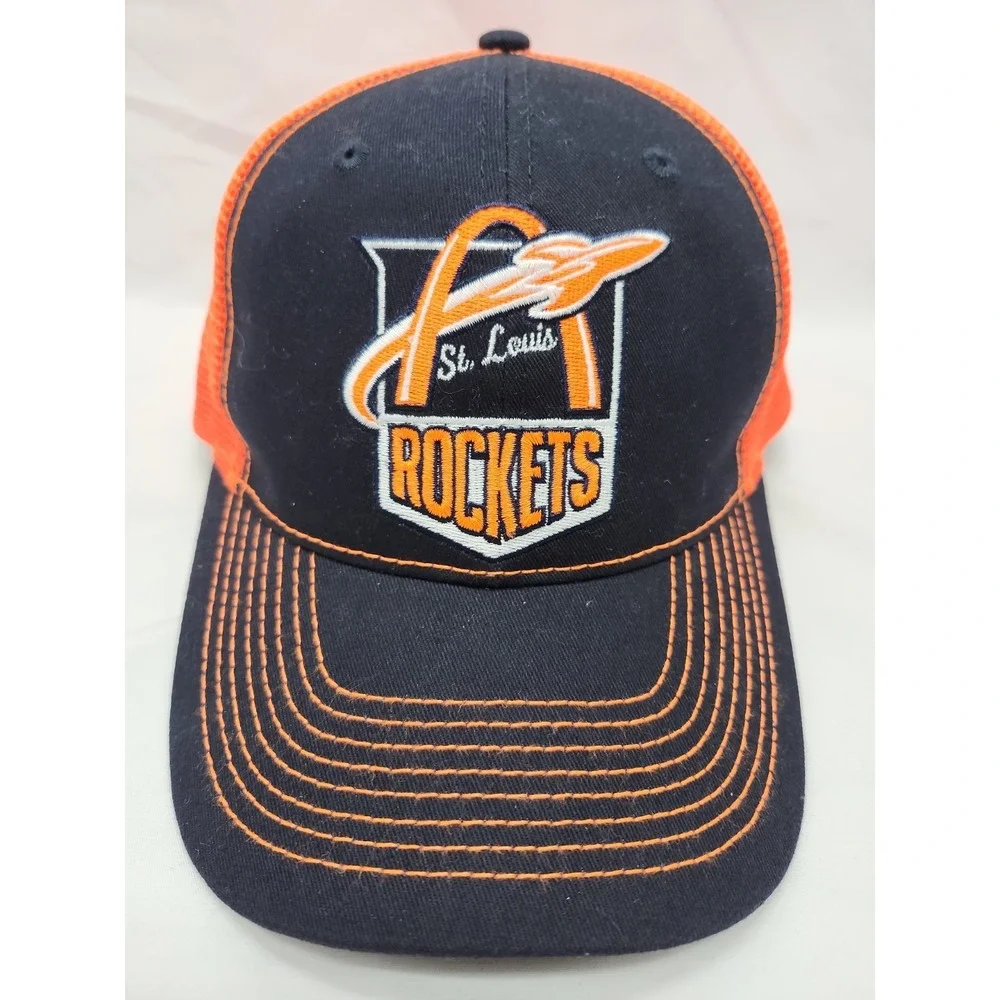 St Louis Rockets Trucker Hat Navy Blue Orange Snapback Sample Hat